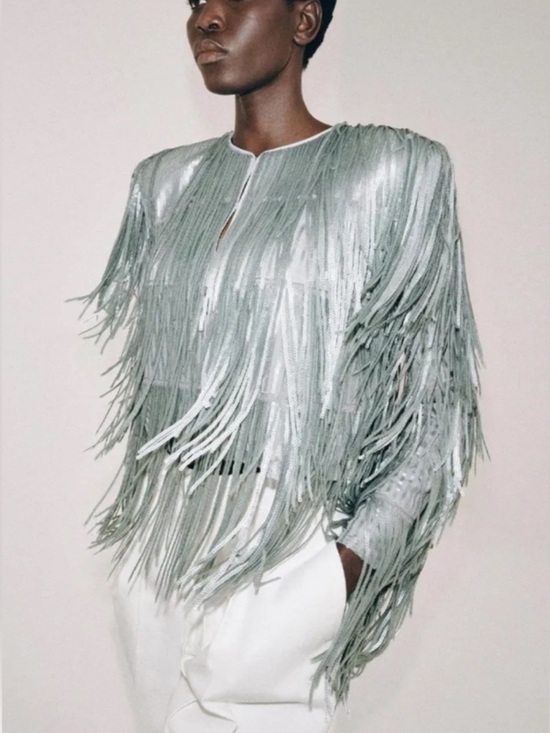 Zara Jackets & Blazers - Zara ZW Collection Fringed Sequin Jacket in Silver-Stone
